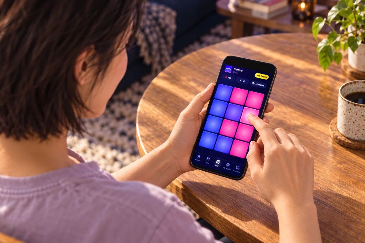 自宅でスマートフォンのビート演奏を楽しむ様子