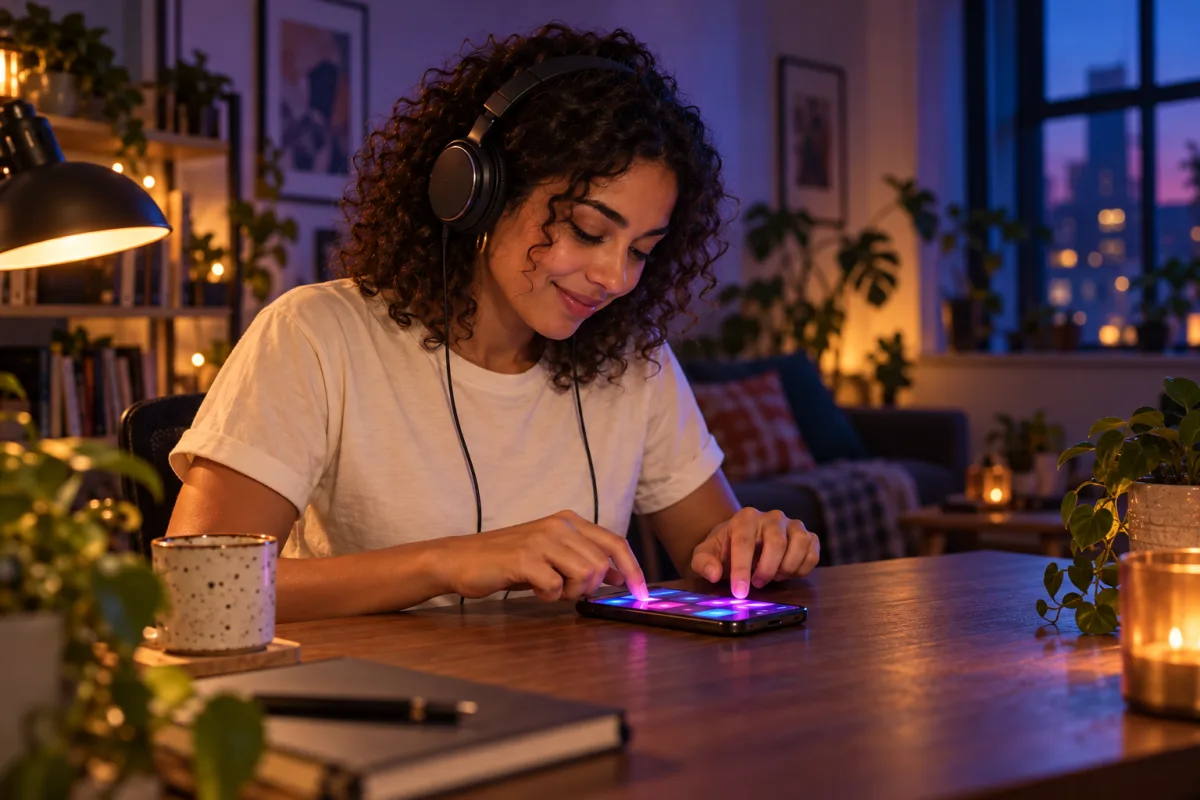 Einen Beat auf dem Handy mit kabelgebundenen Kopfhörern üben