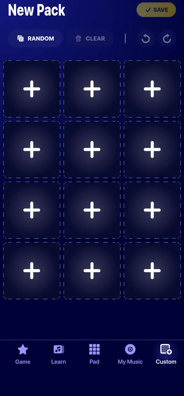 Custom pack editor in Beat Maker Pro: empty slots to fill with sounds, with Random and Clear