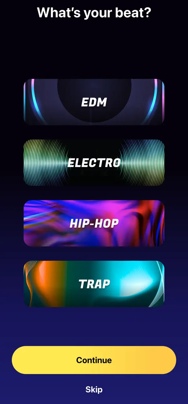 Choosing a music style in Beat Maker Pro: EDM, Electro, Hip-Hop and Trap