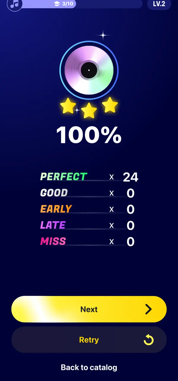 Lesson result in Beat Maker Pro: 100% with Perfect, Good, Early, Late and Miss counts