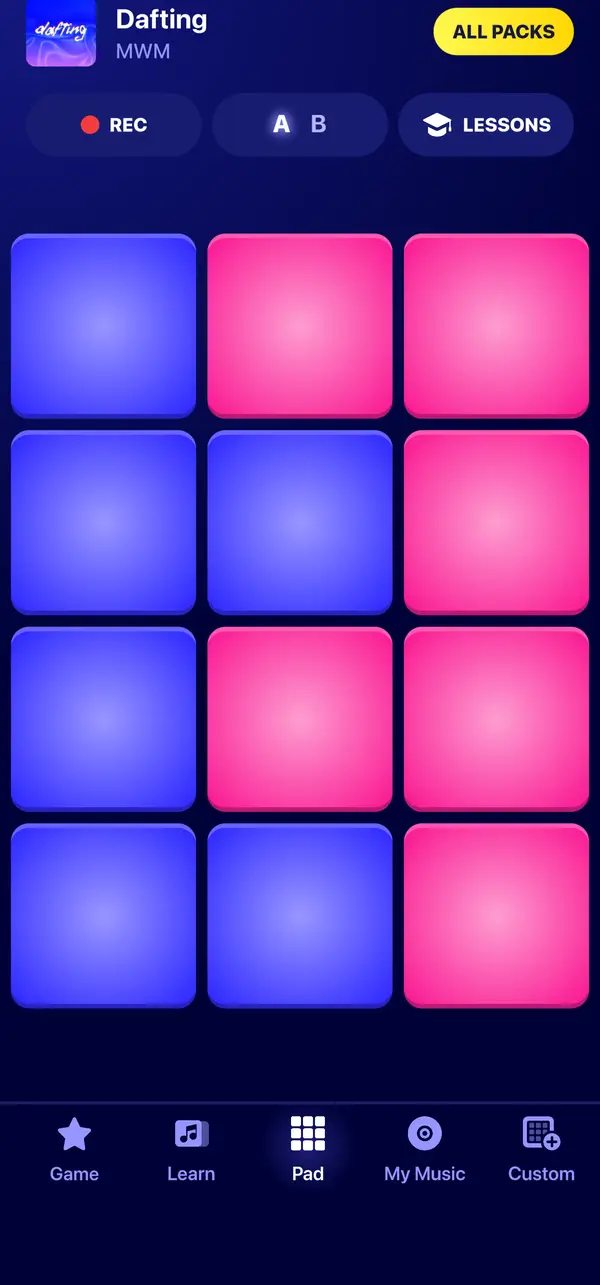 Beat Maker Pro drum pads: twelve glowing pads with Record, A/B and Lessons buttons