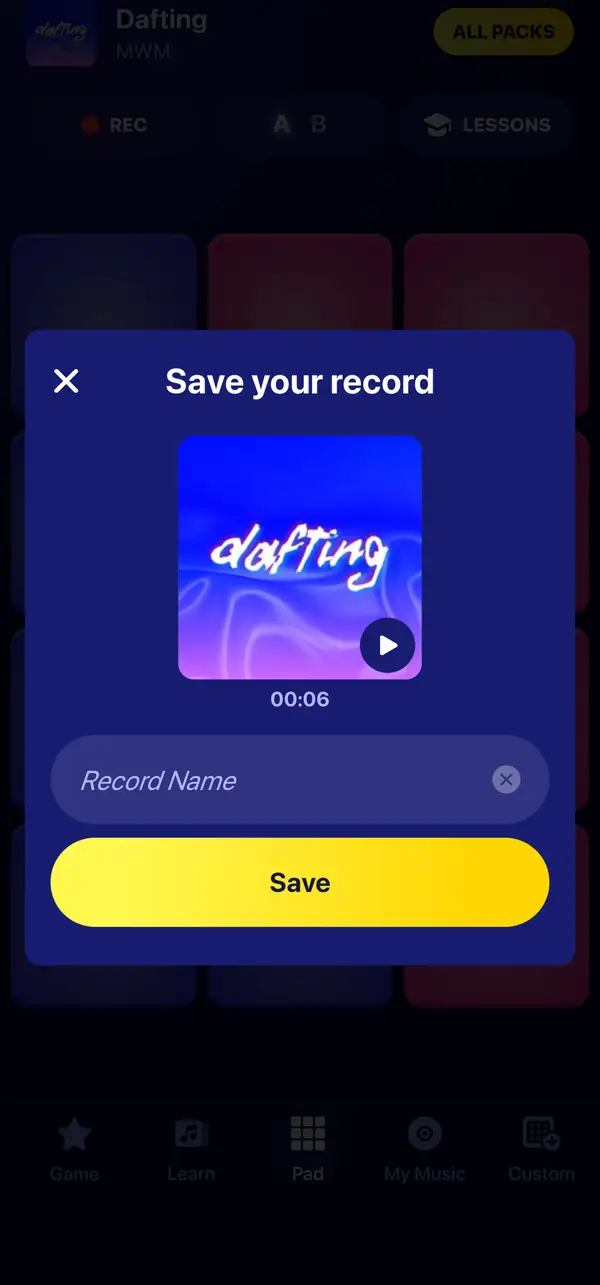 Saving a recording in Beat Maker Pro: listen back, name it, then save